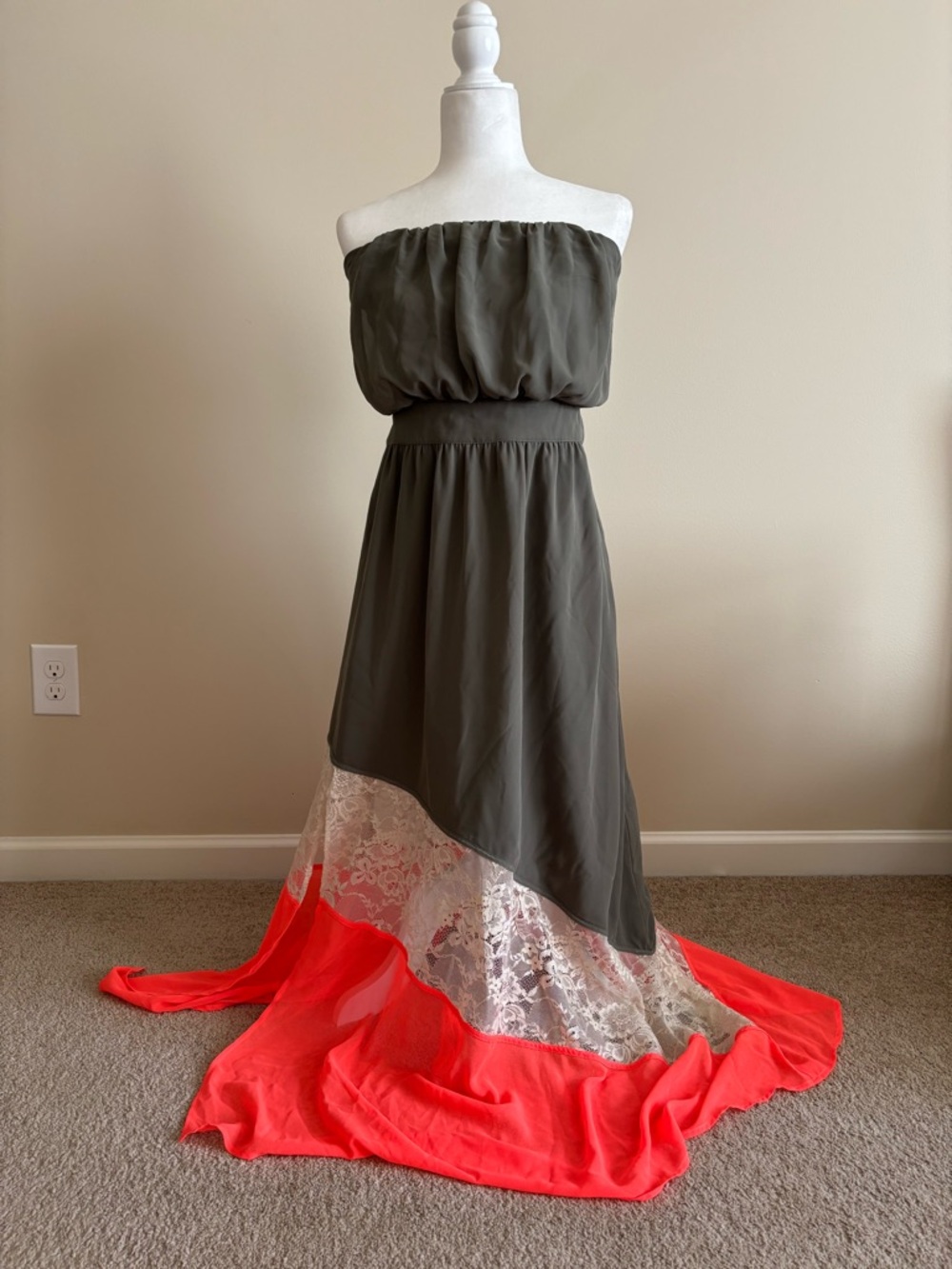 bebe Strapless Olive and Orange Maxi with Lace Trim